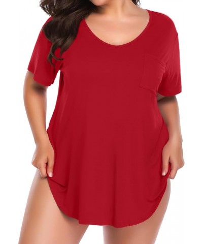 Women Plus Size V-Neck Tunic Tops Loose T Shirt with Pocket Red $13.74 Tops