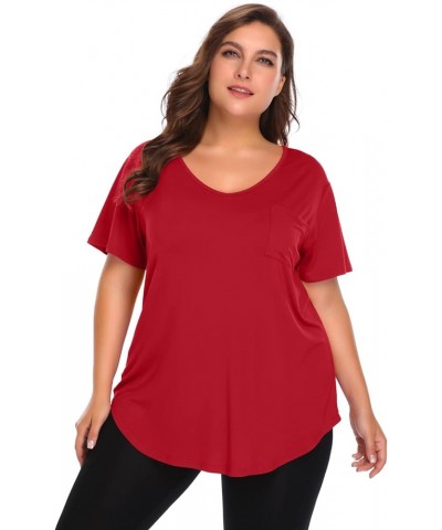 Women Plus Size V-Neck Tunic Tops Loose T Shirt with Pocket Red $13.74 Tops