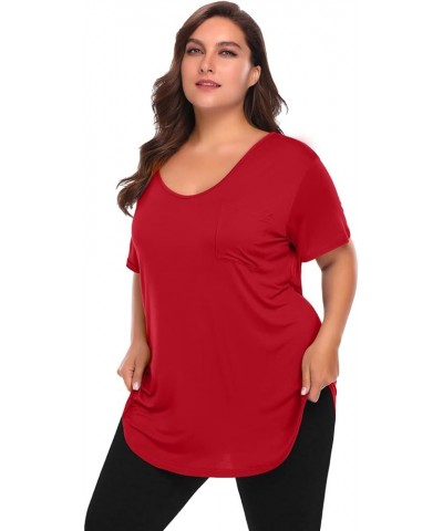 Women Plus Size V-Neck Tunic Tops Loose T Shirt with Pocket Red $13.74 Tops