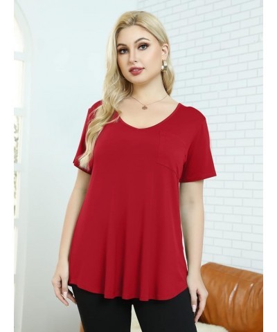 Women Plus Size V-Neck Tunic Tops Loose T Shirt with Pocket Red $13.74 Tops