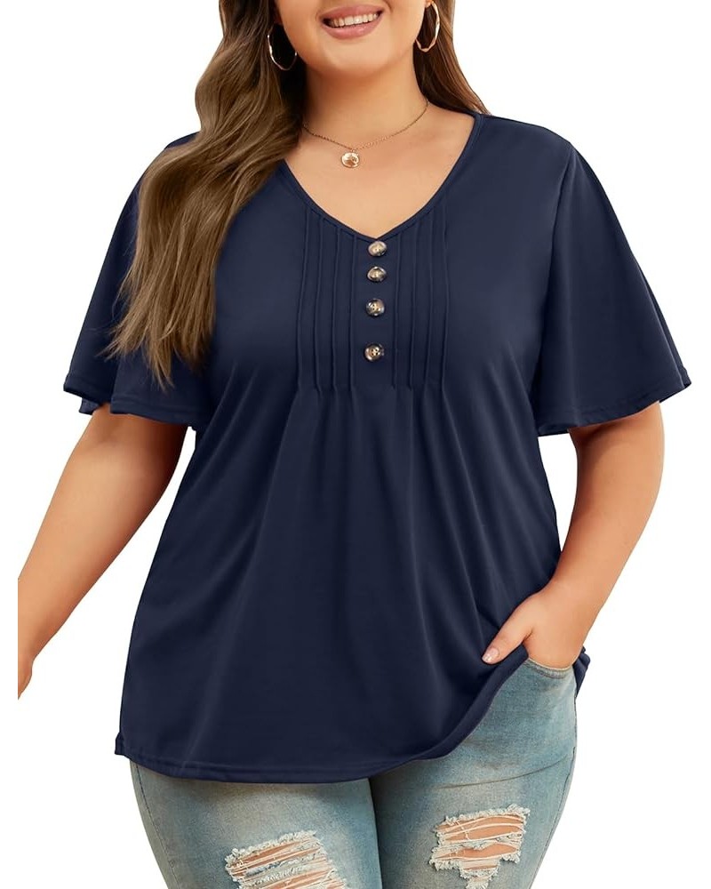 Womens Plus Size Tops Ruffle Sleeve V Neck Shirts Casual Summer Tunic Blouses XL-5XL Navy Blue $11.40 Tops