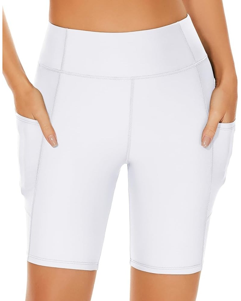 Women Tummy Control Swim Shorts High Waisted Biker Shorts with Pockets Swimming Shorts Boy Short Swim Bottoms White $14.24 Sw...