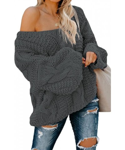 Women Sexy Long Sleeve Off Shoulder Loose Cable Knit Pullover Sweater Q Dark Gray $23.03 Sweaters