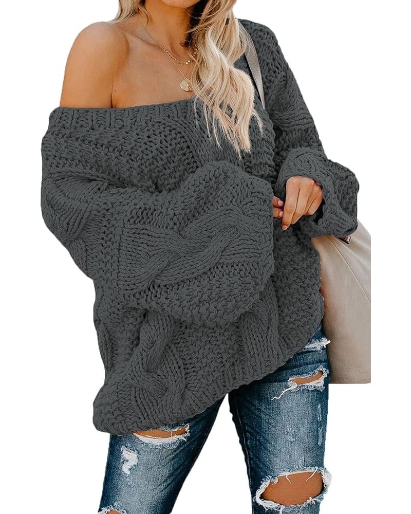 Women Sexy Long Sleeve Off Shoulder Loose Cable Knit Pullover Sweater Q Dark Gray $23.03 Sweaters