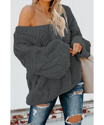 Women Sexy Long Sleeve Off Shoulder Loose Cable Knit Pullover Sweater Q Dark Gray $23.03 Sweaters