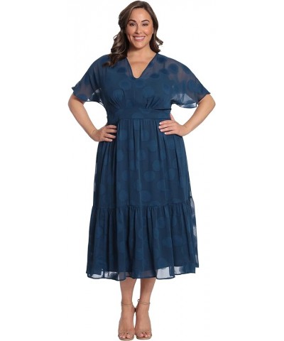 Women's Plus Size Flutter Sleeve V-Neck Midi Dress with Tiered Skirt Insignia Blue $39.31 Dresses