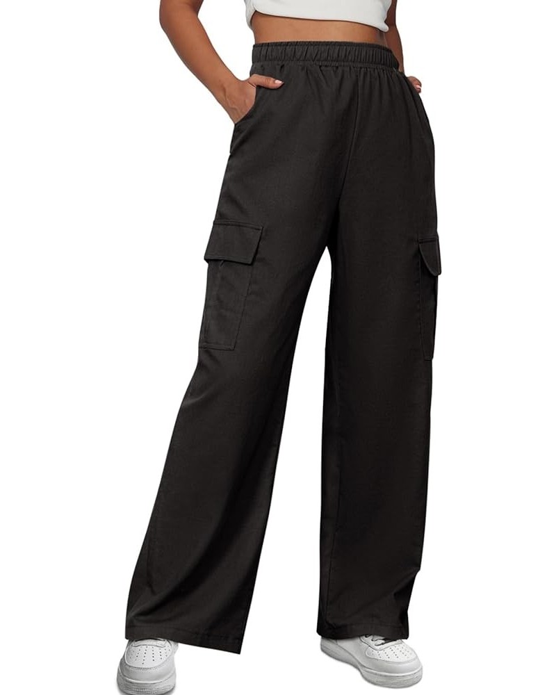 Simplee Women's High Waisted Cargo Pants Casual Baggy Wide Leg Linen Pants with Pockets A-black $14.00 Pants