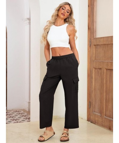 Simplee Women's High Waisted Cargo Pants Casual Baggy Wide Leg Linen Pants with Pockets A-black $14.00 Pants