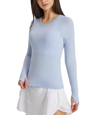 Women's Workout Tops Long Sleeve Shirts Yoga Sports Breathable Gym Athletic Top Slim Fit Light Blue $13.62 Activewear