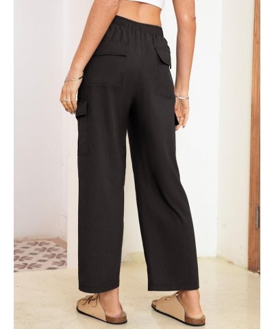 Simplee Women's High Waisted Cargo Pants Casual Baggy Wide Leg Linen Pants with Pockets A-black $14.00 Pants