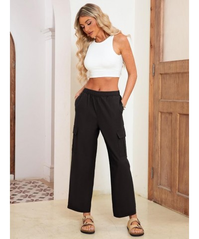 Simplee Women's High Waisted Cargo Pants Casual Baggy Wide Leg Linen Pants with Pockets A-black $14.00 Pants