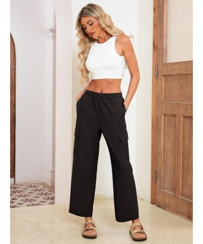 Simplee Women's High Waisted Cargo Pants Casual Baggy Wide Leg Linen Pants with Pockets A-black $14.00 Pants