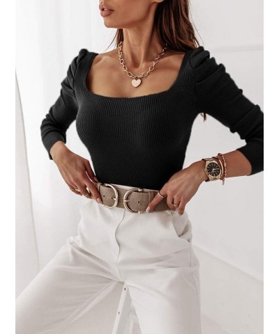 Womens Square Neck Sexy Sweater Knit Ruched Long Sleeve Fitted Pullover Club Tops Black $14.00 Sweaters