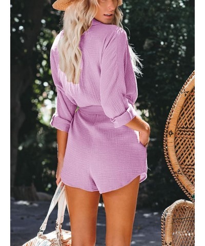 Women's Summer Short Sleeve Button Down Pockets Belted Elastic Waist Solid Color Jumpsuits Rompers 3_lilac $20.64 Jumpsuits