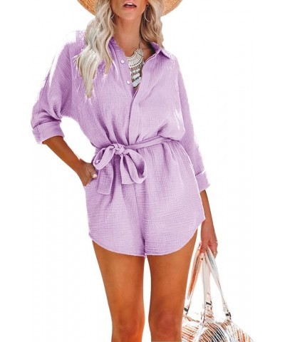 Women's Summer Short Sleeve Button Down Pockets Belted Elastic Waist Solid Color Jumpsuits Rompers 3_lilac $20.64 Jumpsuits