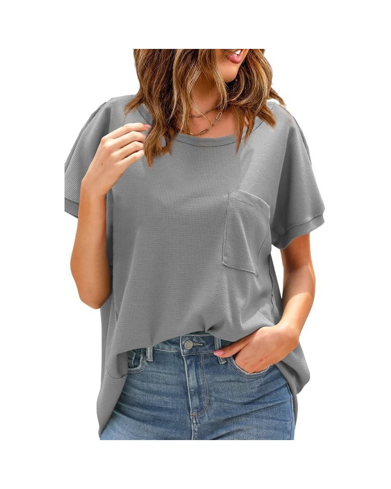 Women's T Shirts Casual Waffle Knit Tops Loose Crewneck Short Sleeve Shirt B Grey $14.84 T-Shirts