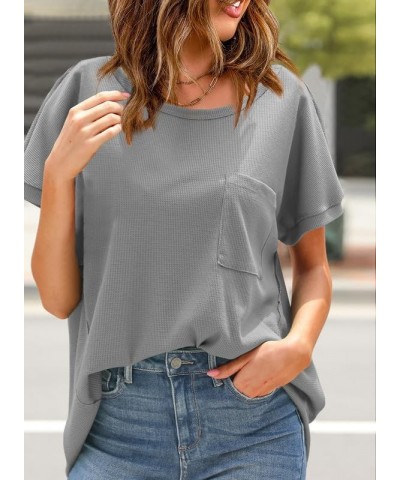 Women's T Shirts Casual Waffle Knit Tops Loose Crewneck Short Sleeve Shirt B Grey $14.84 T-Shirts