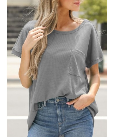 Women's T Shirts Casual Waffle Knit Tops Loose Crewneck Short Sleeve Shirt B Grey $14.84 T-Shirts