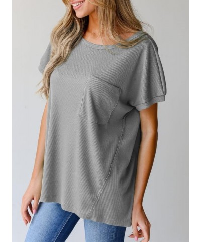 Women's T Shirts Casual Waffle Knit Tops Loose Crewneck Short Sleeve Shirt B Grey $14.84 T-Shirts