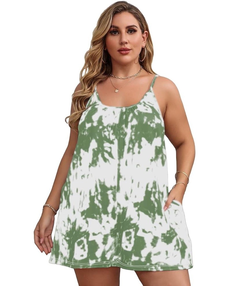 Women's Plus Size Tie Dye Cami Romper with Pockets Short Jumpsuit Light Green $18.71 Rompers