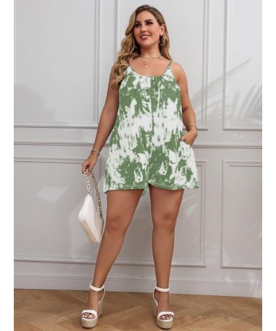 Women's Plus Size Tie Dye Cami Romper with Pockets Short Jumpsuit Light Green $18.71 Rompers