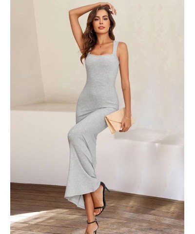 Women's 2024 Sexy Square Neck Sleeveless Bodycon Maxi Dress Elegant Ribbed Lounge Long Dresses Light Grey $13.24 Dresses