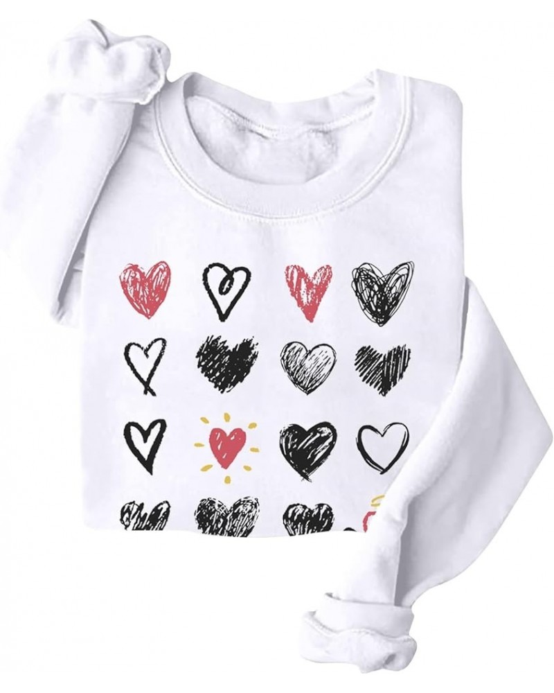Women Valentine's Day Sweatshirts Crewneck Blouses Casual Pullover Tops Printed Love Heart Graphic Long Sleeve Shirts 5-white...