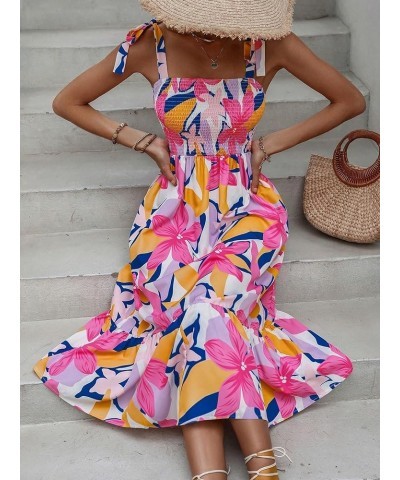 Women's Summer Boho Dress Floral Print Spaghetti Strap Square Neck Shirred Maxi Dress Beach Sun Dress Pink and Yellow $26.87 ...