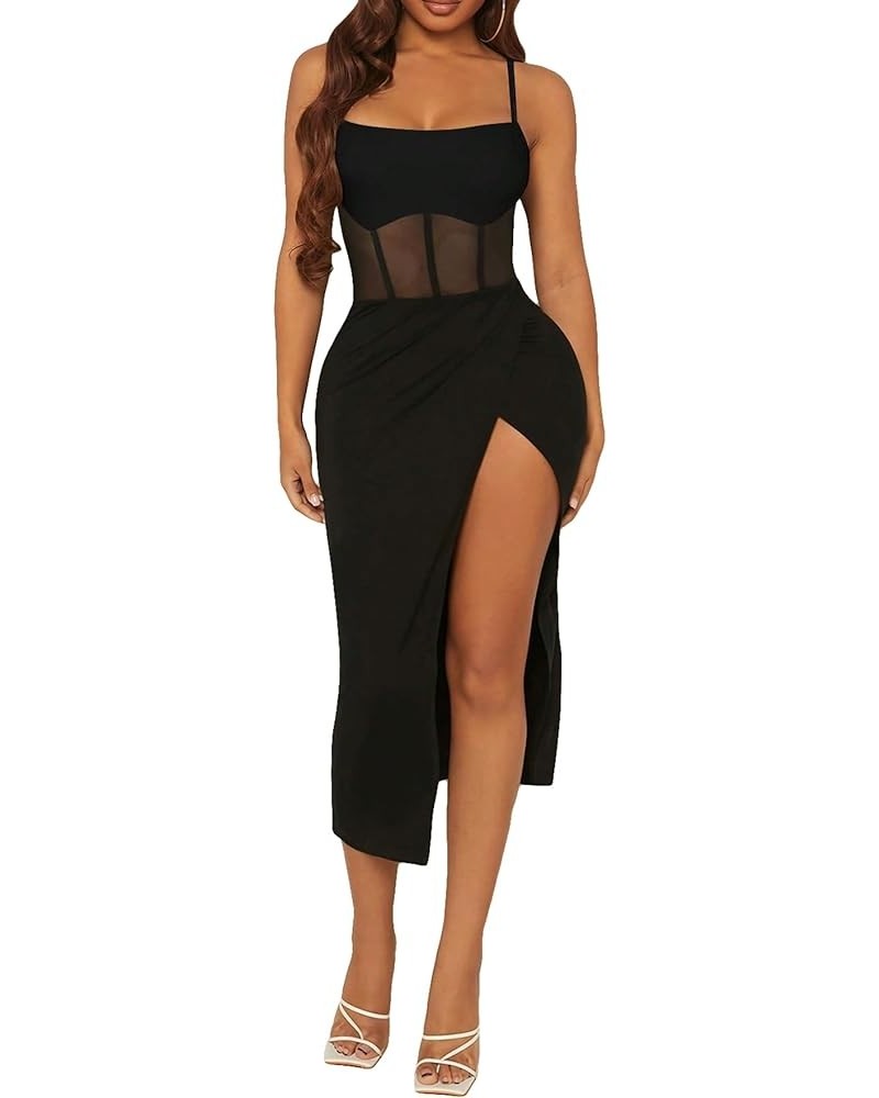 Women's Contrast Mesh Wrap Split Hem Bodycon Cami Dress Midi Dresses Pure Black $25.47 Dresses