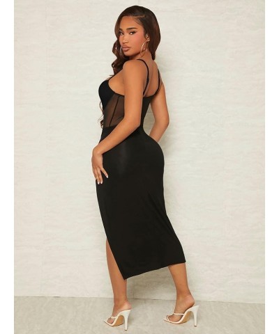 Women's Contrast Mesh Wrap Split Hem Bodycon Cami Dress Midi Dresses Pure Black $25.47 Dresses