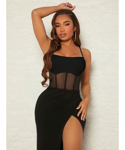 Women's Contrast Mesh Wrap Split Hem Bodycon Cami Dress Midi Dresses Pure Black $25.47 Dresses