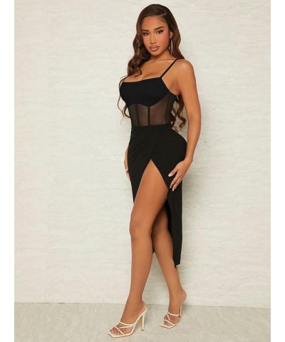 Women's Contrast Mesh Wrap Split Hem Bodycon Cami Dress Midi Dresses Pure Black $25.47 Dresses