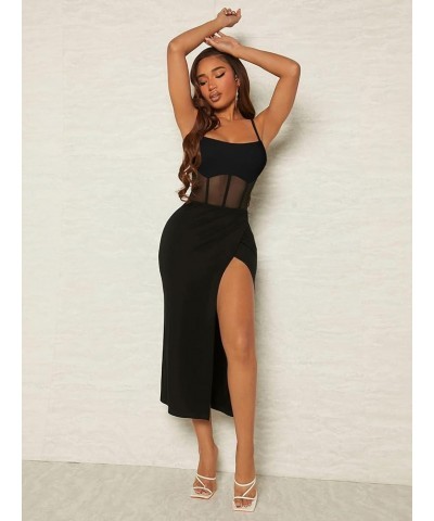 Women's Contrast Mesh Wrap Split Hem Bodycon Cami Dress Midi Dresses Pure Black $25.47 Dresses