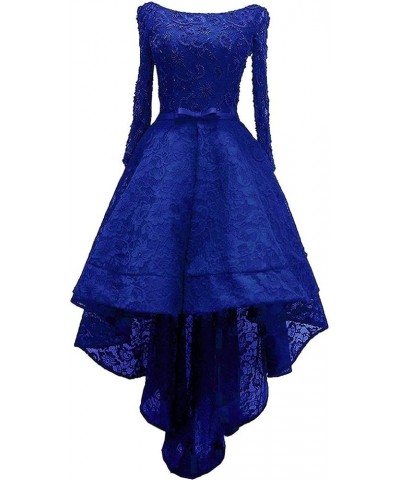 Beaded Lace High Low Long Sleeves Formal Prom Homecoming Cocktail Dreses Royal Blue $46.20 Dresses