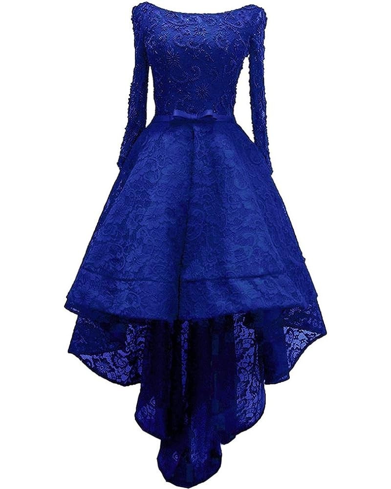 Beaded Lace High Low Long Sleeves Formal Prom Homecoming Cocktail Dreses Royal Blue $46.20 Dresses