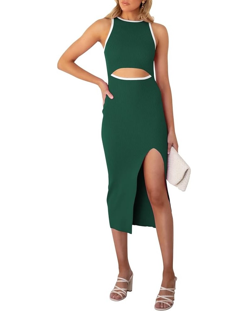 Women's Cutout Crew Neck Sleeveless Tank Slit Ribbed Bodycon Midi Dresses Green $21.00 Dresses