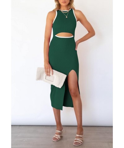 Women's Cutout Crew Neck Sleeveless Tank Slit Ribbed Bodycon Midi Dresses Green $21.00 Dresses