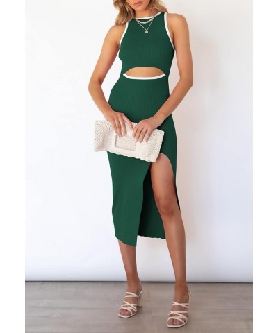 Women's Cutout Crew Neck Sleeveless Tank Slit Ribbed Bodycon Midi Dresses Green $21.00 Dresses