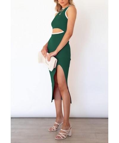 Women's Cutout Crew Neck Sleeveless Tank Slit Ribbed Bodycon Midi Dresses Green $21.00 Dresses