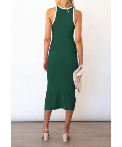 Women's Cutout Crew Neck Sleeveless Tank Slit Ribbed Bodycon Midi Dresses Green $21.00 Dresses