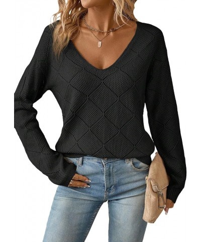 Women's Drop Shoulder Long Sleeve Pointelle Knit Top V Neck Lightweight Pullover Sweater Black $9.24 Sweaters