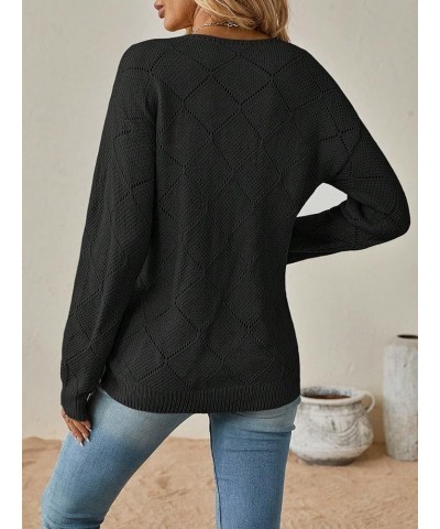 Women's Drop Shoulder Long Sleeve Pointelle Knit Top V Neck Lightweight Pullover Sweater Black $9.24 Sweaters