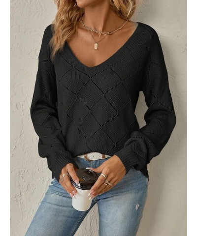 Women's Drop Shoulder Long Sleeve Pointelle Knit Top V Neck Lightweight Pullover Sweater Black $9.24 Sweaters