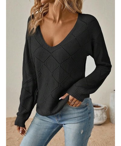 Women's Drop Shoulder Long Sleeve Pointelle Knit Top V Neck Lightweight Pullover Sweater Black $9.24 Sweaters