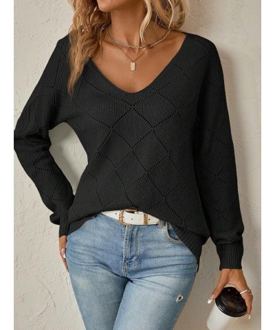 Women's Drop Shoulder Long Sleeve Pointelle Knit Top V Neck Lightweight Pullover Sweater Black $9.24 Sweaters