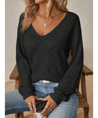 Women's Drop Shoulder Long Sleeve Pointelle Knit Top V Neck Lightweight Pullover Sweater Black $9.24 Sweaters