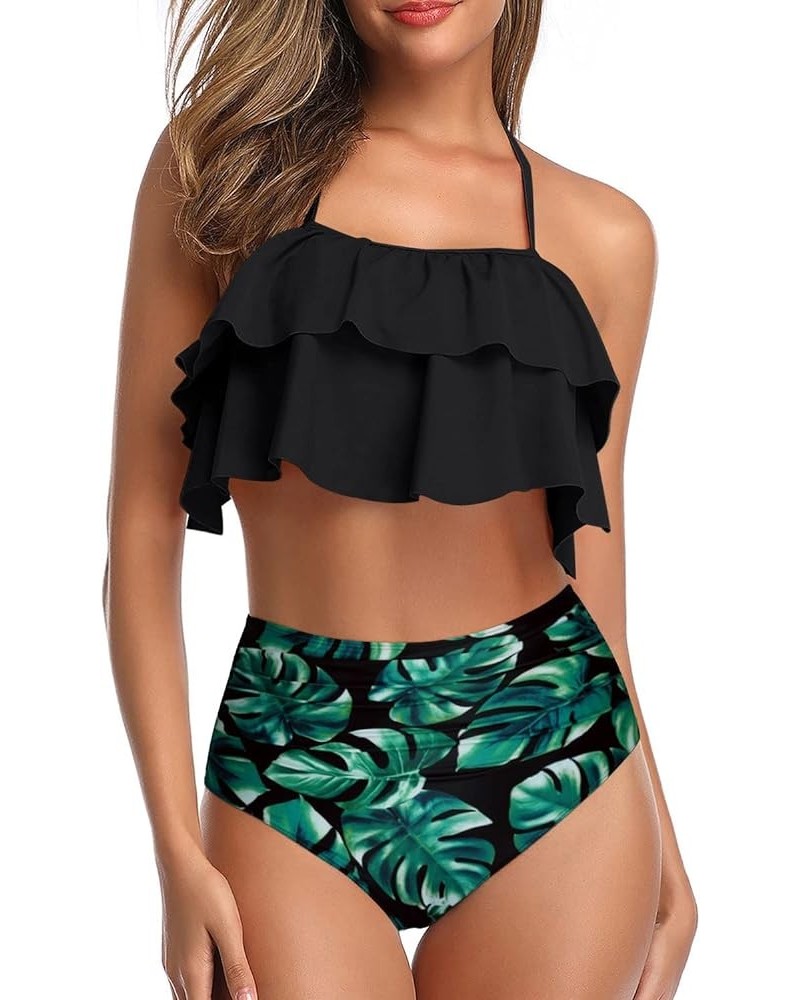 Women Two Piece Swimsuits High Waisted Bikini Teen Ruffle Tummy Control Bottoms Halter Bathing Suits Black 1 $19.37 Swimsuits