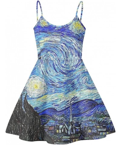 JooMeryer Women's Van Gogh Oil Painting Printed Spaghetti Straps V-Neck A-Line Swing Dress Van Gogh the Starry Night $13.19 D...