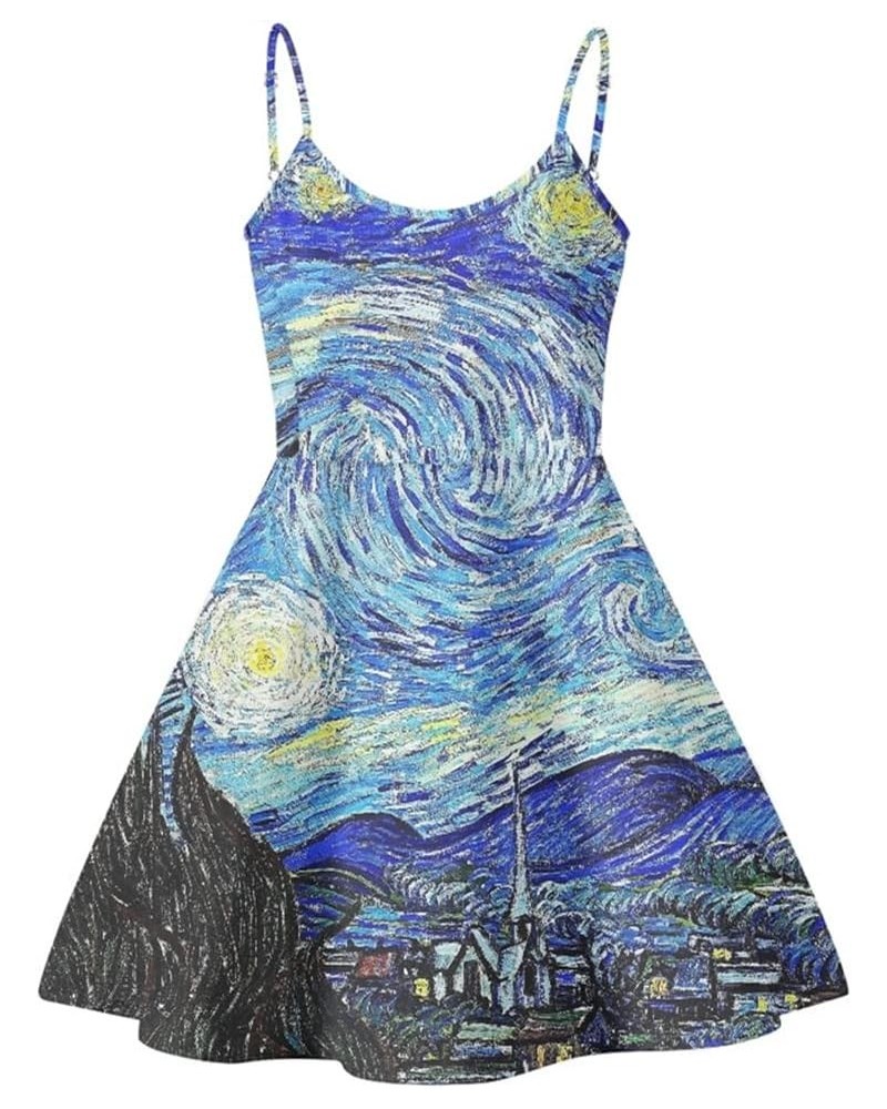 JooMeryer Women's Van Gogh Oil Painting Printed Spaghetti Straps V-Neck A-Line Swing Dress Van Gogh the Starry Night $13.19 D...