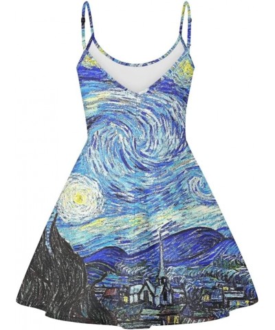 JooMeryer Women's Van Gogh Oil Painting Printed Spaghetti Straps V-Neck A-Line Swing Dress Van Gogh the Starry Night $13.19 D...